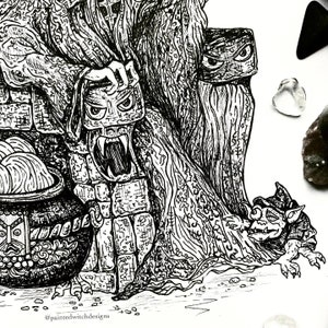 May include: Black and white ink drawing of a witch with a cauldron, a gargoyle, and a small goblin. The witch is wearing a long robe and has a pointed hat. The gargoyle is perched on a stone wall, and the goblin is hiding behind the witch's robe.