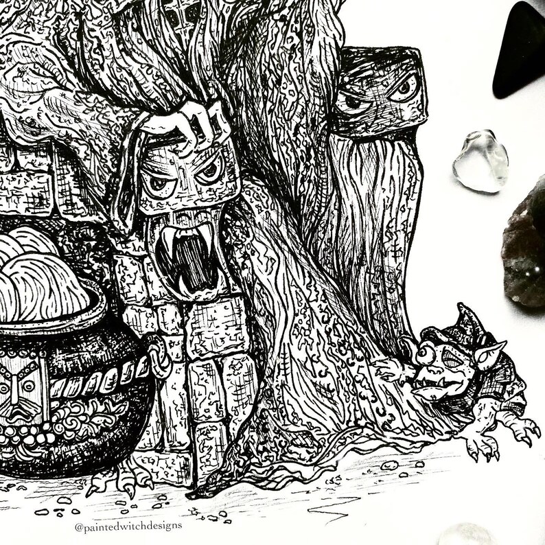 May include: Black and white ink drawing of a witch with a cauldron, a gargoyle, and a small goblin. The witch is wearing a long robe and has a pointed hat. The gargoyle is perched on a stone wall, and the goblin is hiding behind the witch's robe.