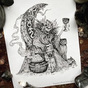 May include: Black and white ink drawing of a hooded figure with a serpent-like creature, holding a chalice and standing in front of a cauldron. The figure is wearing a robe and has a crown on its head. The drawing is on a white background.