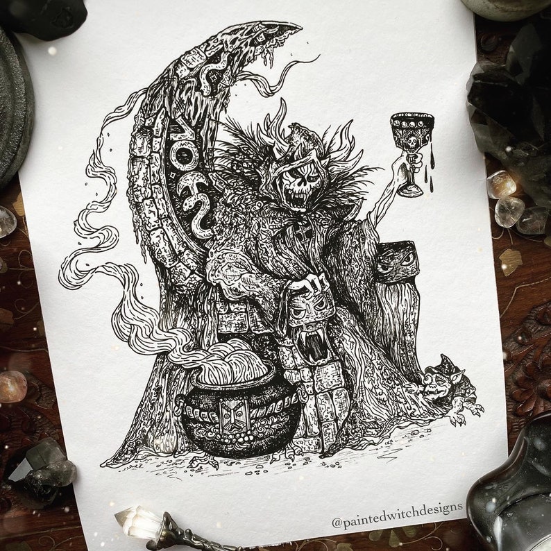 May include: Black and white ink drawing of a hooded figure with a serpent-like creature, holding a chalice and standing in front of a cauldron. The figure is wearing a robe and has a crown on its head. The drawing is on a white background.