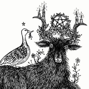 May include: A black and white illustration of a goat with a pentagram wreath and candles on its antlers. A duck with a floral design is perched on the goat's back.