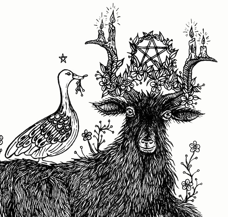 May include: A black and white illustration of a goat with a pentagram wreath and candles on its antlers. A duck with a floral design is perched on the goat's back.