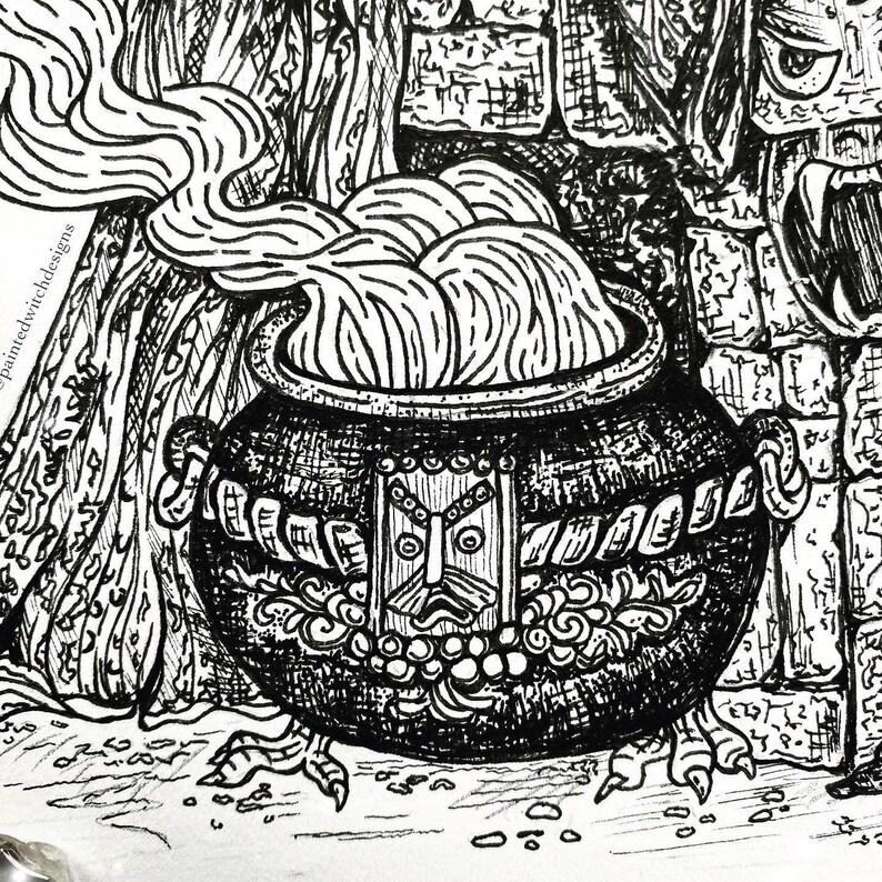 May include: A black cauldron with intricate details and a face on the front, filled with swirling smoke. The cauldron is sitting on a stone surface.