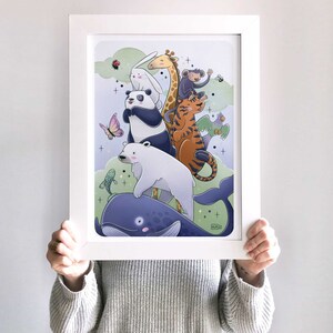 May include: A whimsical illustration of a panda, polar bear, giraffe, tiger, monkey, and whale. The animals are stacked on top of each other, with the whale at the bottom and the monkey at the top. The illustration is set against a light blue background with white clouds and stars.