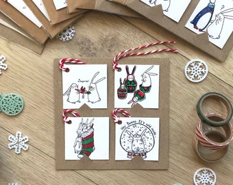 Set mit 4 quadratischen Weihnachtsgeschenketiketten, Vornamen für Weihnachtsgeschenk, Weihnachtsdekoration, anpassbares weißes Kaninchenetikett, süßes Tier