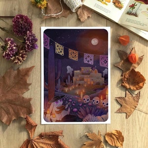 Illustration Halloween Mexique, Carte & affiche lapin mignon, Dia de los muertos, Fête des morts, Décoration murale enfant, Format A6 A4 A3