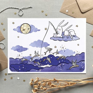 Plakat mit fliegenden Fischen - Aquarellillustration - Niedliche Tiere, Kinderplakat, Zeichnung von Angeln und Sternenhimmel, Dekoration für das Kinderzimmer