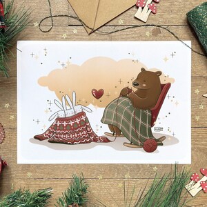 Illustration de Noël, Carte de voeux et affiche ours mignon, Dessin bébés lapins, Décoration pour les fêtes, Formats carte postale A6 et A4