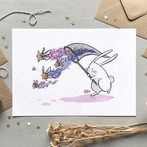 Poster Sternschnuppen - Aquarellillustration, Kinderzeichnung, Hase, Kinderzimmer, Wanddekoration, Geburtsgeschenk, Sternenhimmel, Niedlich