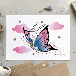 Illustration Papillon magique, Cartes et affiches mignonnes, Lapin blanc, Reproduction aquarelle, Idée cadeau, Formats A6, A4 et A3