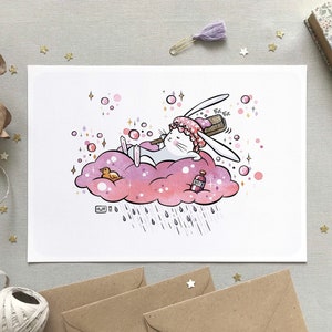 Illustration Lapin et bain nuage, Affiche chambre enfant, Décoration murale mignonne, Idée cadeau, Formats cartes A6 et prints A4 et A3