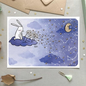 Sternenhimmel-Illustration - Aquarell-Poster - Kinderzimmerzeichnung, süßes Kaninchen, Wanddekoration, Geschenkidee, Babyzimmer, Löwenzahn