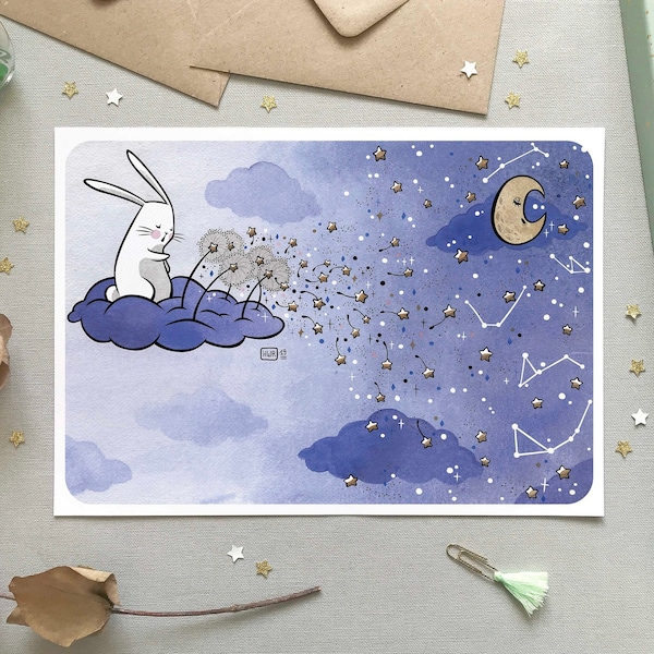 Illustration Ciel étoilé - Affiche aquarelle - Dessin chambre enfant, Lapin mignon, Décoration murale, Idée cadeau, Chambre bébé, Pissenlit