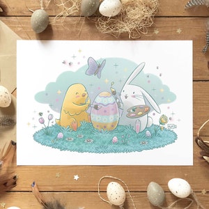 Illustration lapin et poussin Pâques, Carte & affiche mignonnes, Peinture sur oeuf, Déco murale, Format A6 et A4