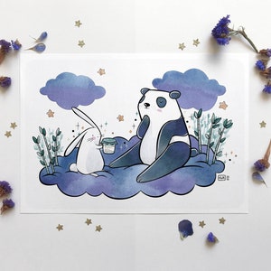 Panda poster - Bamboo jam - Watercolor illustration, White rabbit and cute panda, Baby's room decoration, Birth gift idea