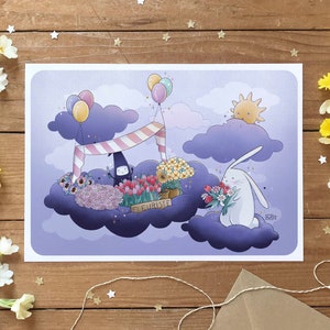 Illustration fleuriste ambulant, Carte & affiche lapin et fleurs, Idée cadeau mignon, Carte d'anniversaire bouquet, Formats A3 A4 et A6