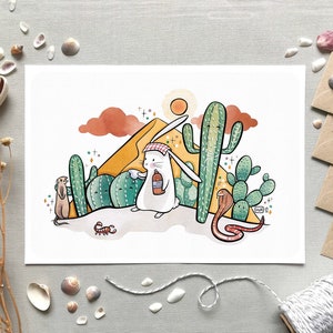 Illustration lapin, cactus et serpent, Carte & affiche animaux du désert mignons, Dunes de sable, Déco chambre d'enfant, Format A6, A4, A3