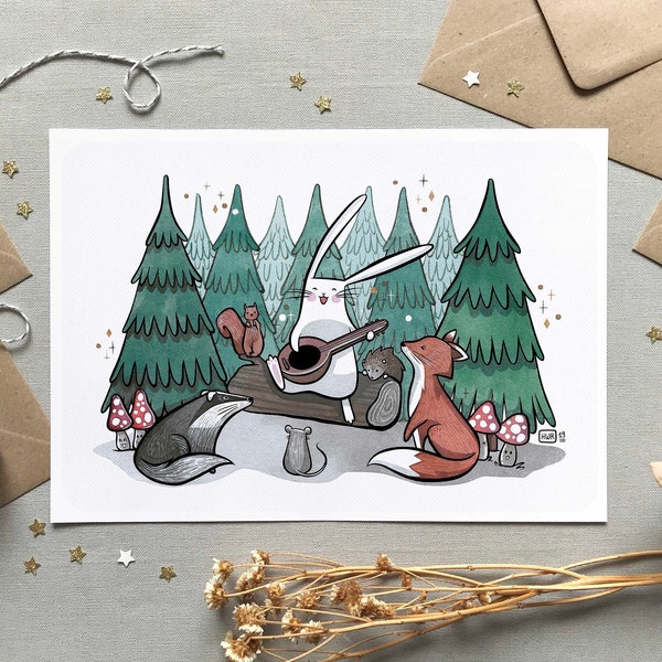 Illustration von Kaninchen, Fuchs und Tanne, Karte und Poster mit Waldtieren, Zeichnung von Fauna und Flora, niedliche Kinderzimmerdekoration, Format A6 A4 A3