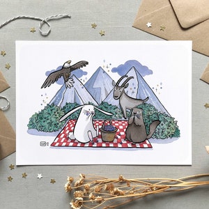 Illustration lapin pique-nique, Carte & affiche animaux de la montagne, Myrtille marmotte chamois, Décoration murale mignon, Format A6 A4 A3