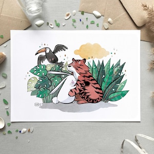 Illustration lapin, tigre et toucan, Carte & affiche animaux de la jungle mignons, Forêt tropicale, Déco chambre d'enfant, Format A6, A4, A3