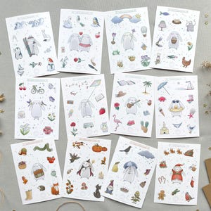 Sticker lapin mignon saison | Planche A6 au choix | Lot ou unité | Autocollant illustré pour agenda, journal, scrapbooking | Fait en France
