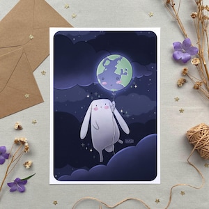 Illustration planète terre, Carte & affiche lapin avec ballon, Dessin mignon, Protection environnement, Idée cadeau déco, Format A6 A4 et A3