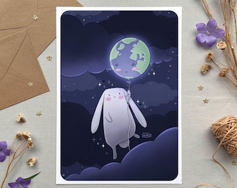 Earth planet illustration, Rabbit with balloon postcard and print, Cute drawing, Environmental Protection, Gift idea, A6 A4 and A3 sizes