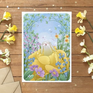 Linda ilustración de conejo blanco, Póster y tarjeta de primavera, Jardín de flores, Idea de regalo, Decoración de pared para habitación infantil, Formato A6, A4, A3