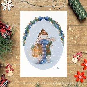 Illustration lapin mignon, Affiche enfant, Carte de Noël, Décoration pour l'hiver, Carte de voeux à offrir, Idée cadeau, Formats A6 et A4