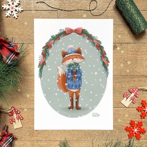 Illustration renard mignon, Affiche enfant, Carte de Noël, Décoration pour l'hiver, Carte de voeux à offrir, Idée cadeau, Formats A6 et A4