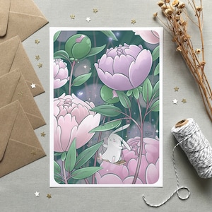 Illustration lapin balançoire et jardin de pivoines, Carte & affiche enfant mignonnes, Chambre bébé, Décoration murale, Format A6 A4 A3