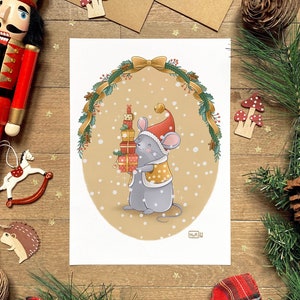 Illustration souris mignonne, Affiche enfant, Carte de Noël, Décoration pour l'hiver, Carte de voeux à offrir, Idée cadeau, Formats A6 et A4
