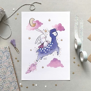 Lama poster - Dierenillustratie - Aquareltekening, Schattig konijn, Kinderkamerposter, Kamerdecoratie, Geboortecadeau idee