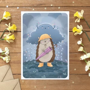 Illustration hérisson, Affiche & carte animal mignon, Tenue de pluie, Idée cadeau, Déco murale pour chambre d'enfant, Formats A6, A4, A3