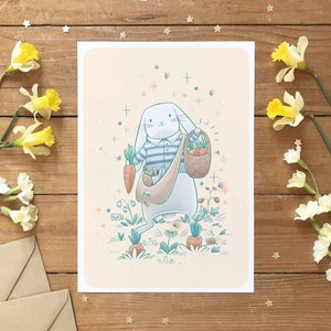 Illustration le petit jardinier, Affiche & carte mignonnes lapin potager, Idée cadeau, Déco murale pour chambre d'enfant, Formats A6, A4, A3
