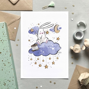 Illustratie "Sterrenborduurder" - Schattige konijntekening, kinderkamerdecoratie, geboortecadeau-idee, lucht- en wolkenillustratie