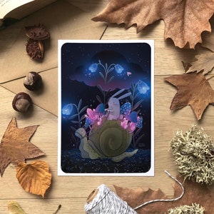 Illustration lapin et escargot, Carte & affiche mignonne, Forêt enchantée, Décoration murale chambre d'enfant, Format A6 A4 A3