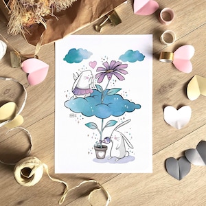 Illustration lapins amoureux et fleur, Carte et affiche printemps, Idée cadeau couple, Dessin mignon, Amour et plante, Format A6, A4 et A3