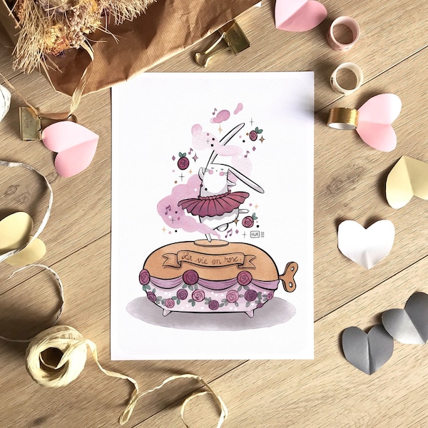 Illustration La vie en rose, Carte & affiche danseuse étoile, Dessin lapin mignon, Ballerine boîte à musique, Idée cadeau, Formats A6 A4 A3