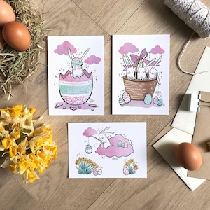 Cartoline con coniglietto pasquale, Singolarmente o in set da 3, Decorazione di coniglio e uova, Illustrazione carina, Fiori e primavera, Formato A6