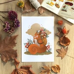 Illustration écureuil et champignons automne, Carte & affiche animaux mignons et nature, Décoration murale chambre d'enfant, Format A6 A4 A3