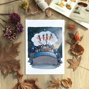 Póster "Cuento de noche", Ilustración de la familia Conejo, Reproducción en acuarela, Decoración de pared de dormitorio infantil, Formatos A6 A4 A3