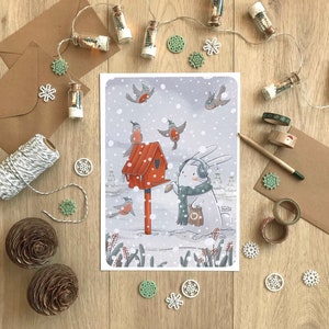 Illustration hiver lapin et oiseaux, Carte & affiche mignonnes, Paysage de neige, Rouge-gorge, Décoration murale d'enfant, Formats A6 A4 A3