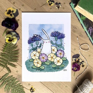 Illustration Danse des Fleurs, Carte & affiche lapin, Dessin mignon, Reproduction, Décoration chambre enfant, Idée cadeau, Format A6, A4, A3