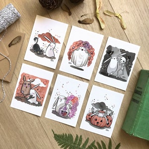 Cartes postales Lot de 6, Collection halloween, Pack mini-print automne, Reproduction aquarelle, Format A6, illustration lapin mignon
