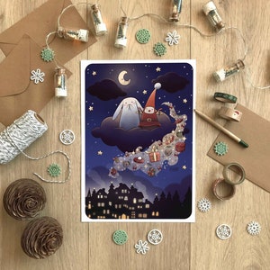 Illustrazione di regali di Natale, biglietto di auguri e simpatico poster di coniglio, disegno di Mamma Natale, decorazione natalizia, formato cartolina A6 e A4