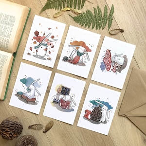 Cartes postales unité ou lot de 6, Collection automne, Pack mini-print automne, Reproduction aquarelle, Format A6, illustration lapin mignon
