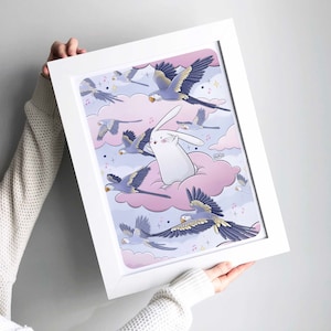 Illustration lapin et oiseaux, Carte & affiche animaux mignons, Envol de perroquets, Décoration murale chambre d'enfant, Formats A6 A4 et A3