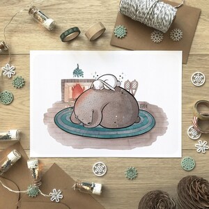 Ilustración abrazando a un oso, Acogedor cartel de invierno, Reproducción en acuarela, Simpático dibujo de animales, Formatos A6, A4 y A3, Decoración habitación infantil
