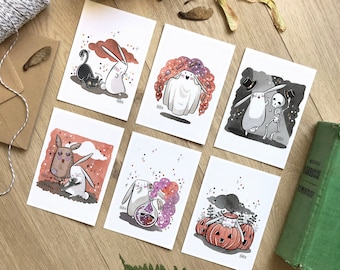 Postcards Set of 6, Halloween collection, Pack of fall mini-prints, Watercolor reproduction, A6 size cards, Cute rabbit illustration